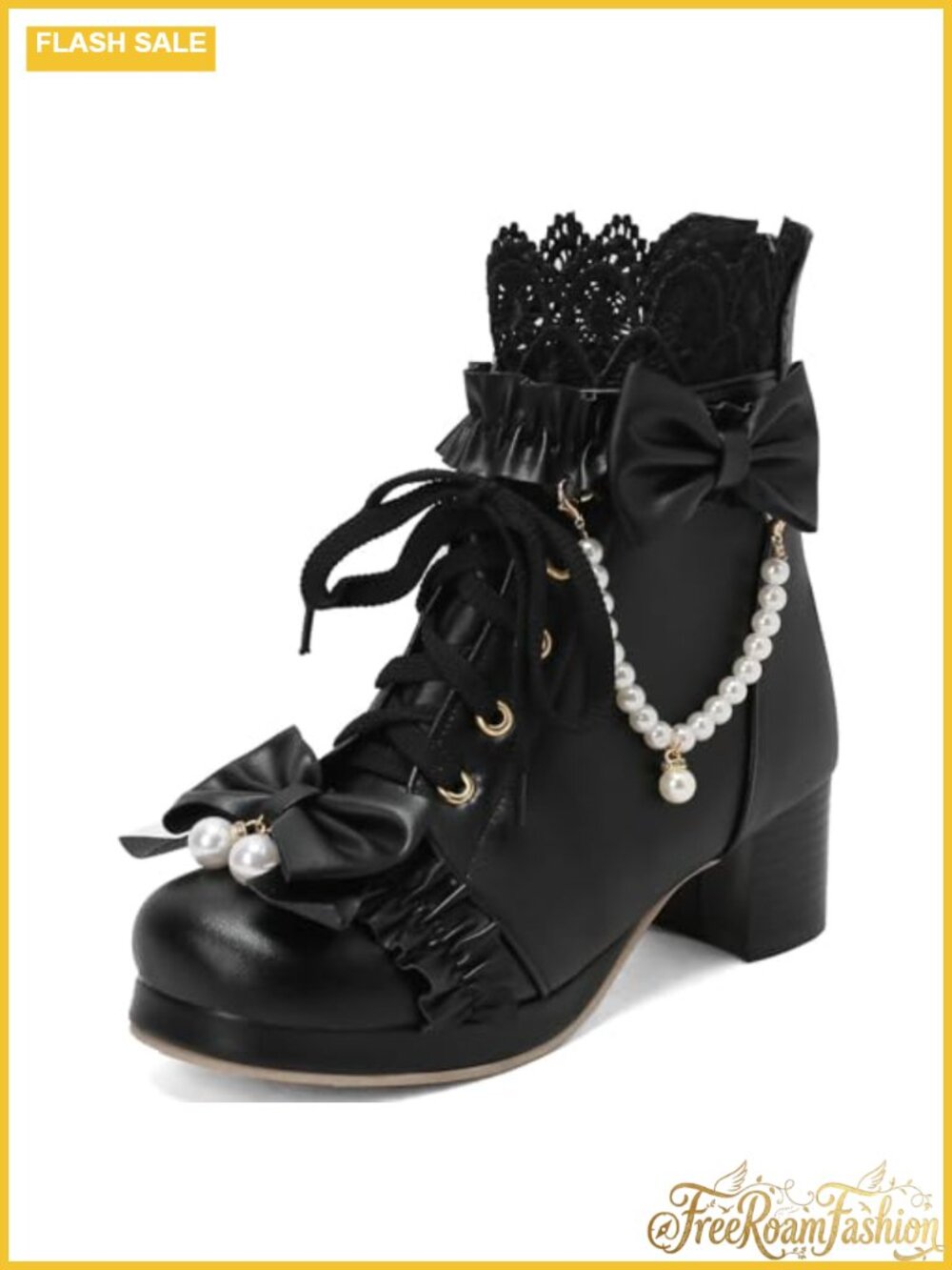 Lolita Ankle Boots Chunky Mid Heel Lace Up Bow Kawaii Women